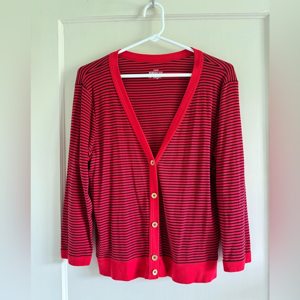 J Crew Red & Navy Striped Cardigan, Size Large